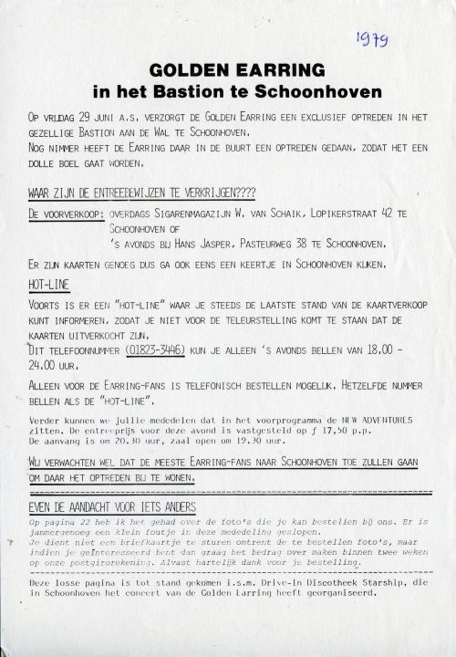 Golden Earring show flyer June 29, 1979 Schoonhoven - Bastion